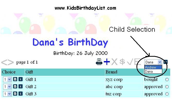 image showing child selection dropdown
