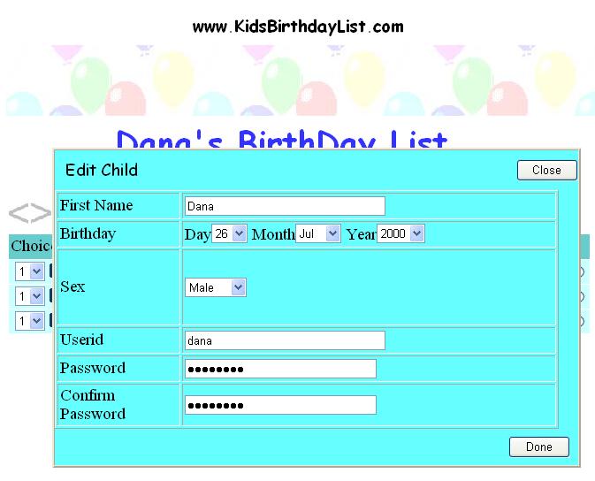 image showing child selection dropdown